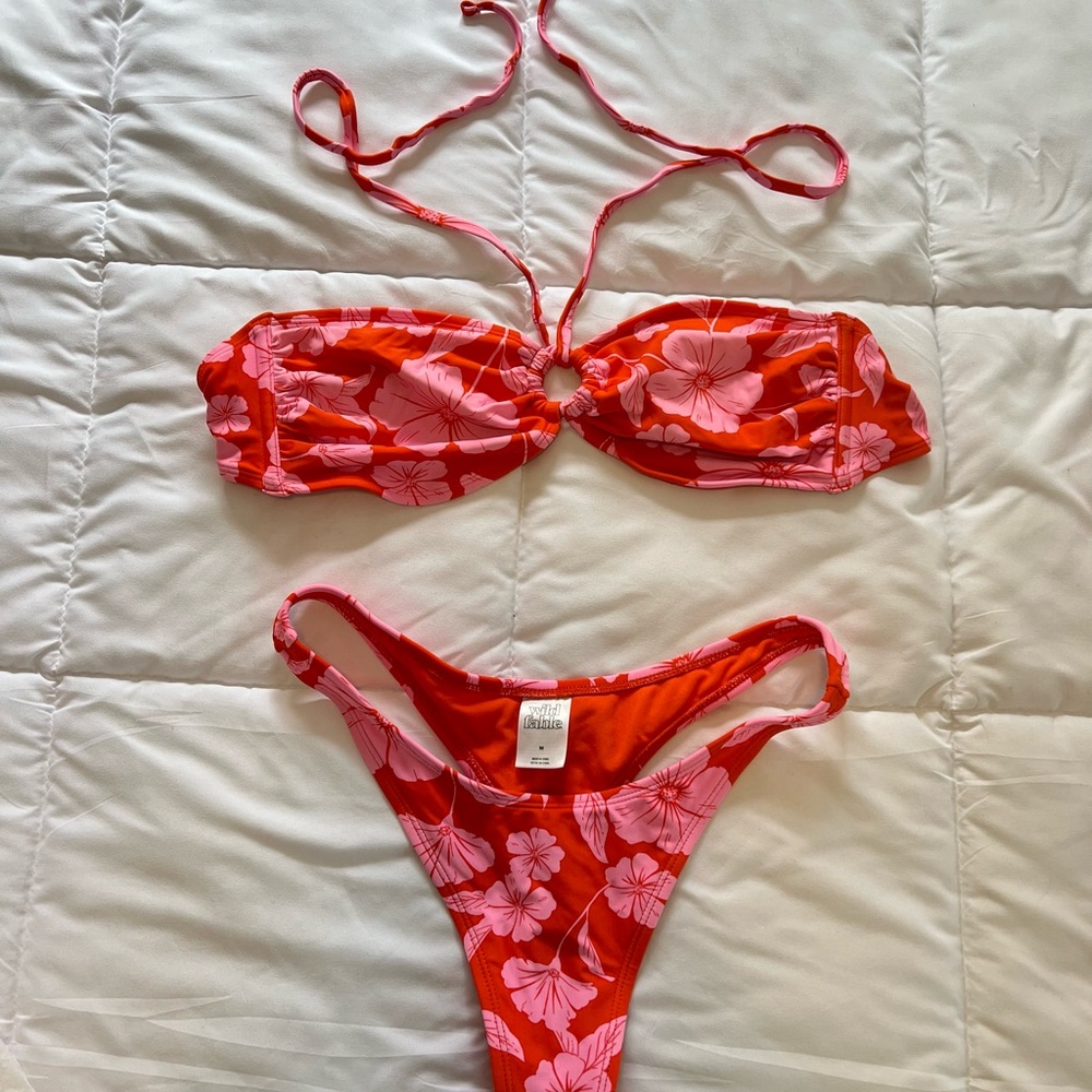 Red Floral Bandeau Bikini Set with Pink Hibiscus Print (Thong and Full coverage)